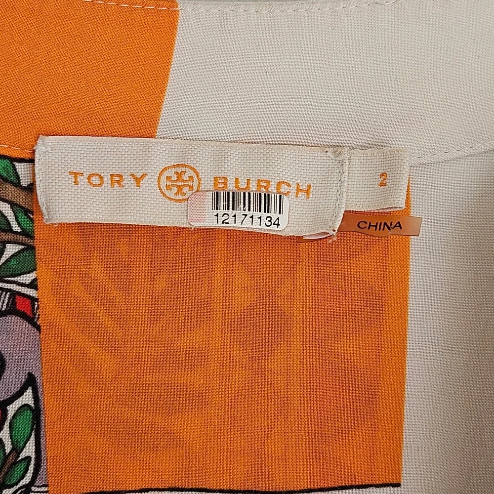 Tory Burch Orange Cream Silk Geometric Botanical Print Midi Dress Size‎ 2